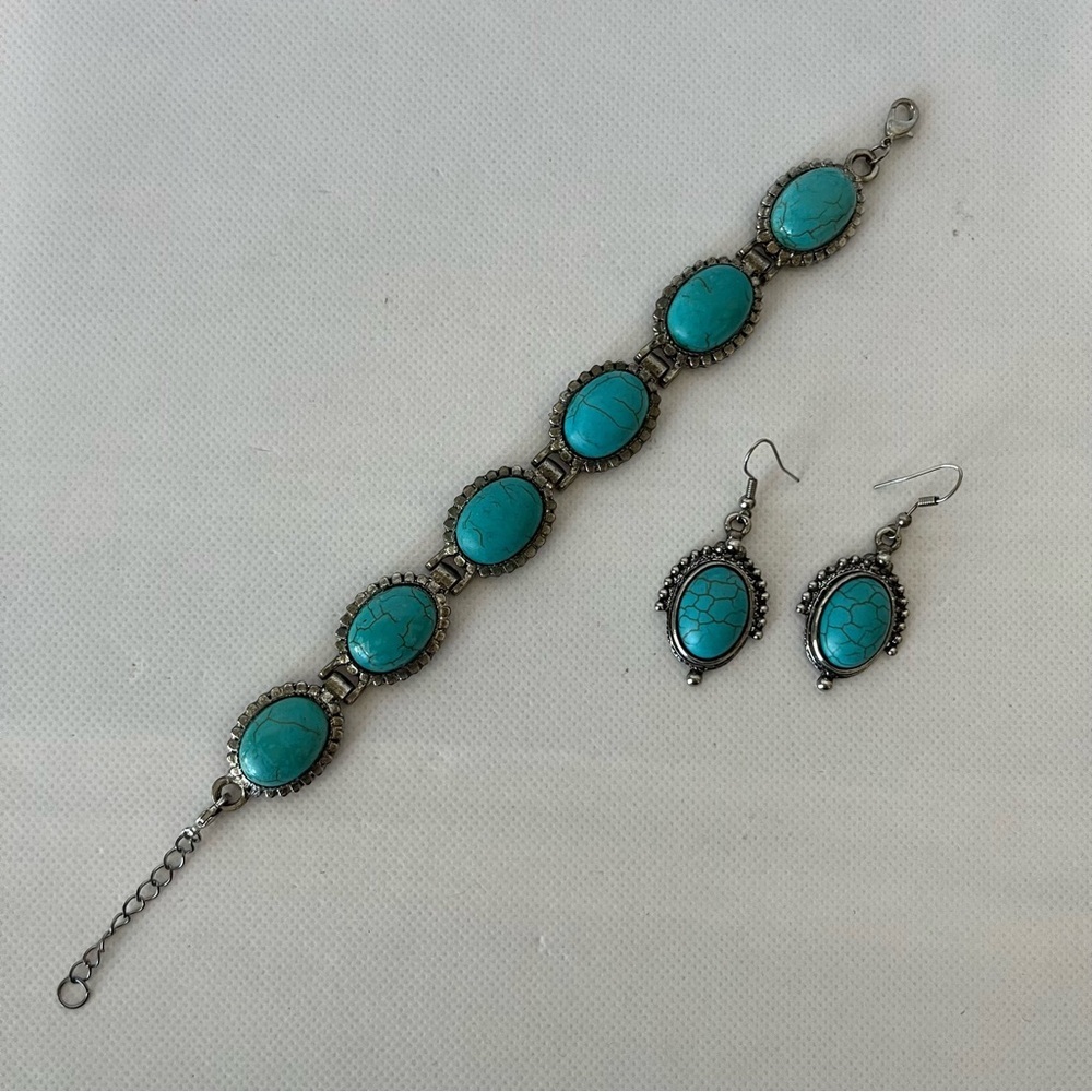 Vintage Stauer Silver & Turquoise Bracelet & Earrings Set